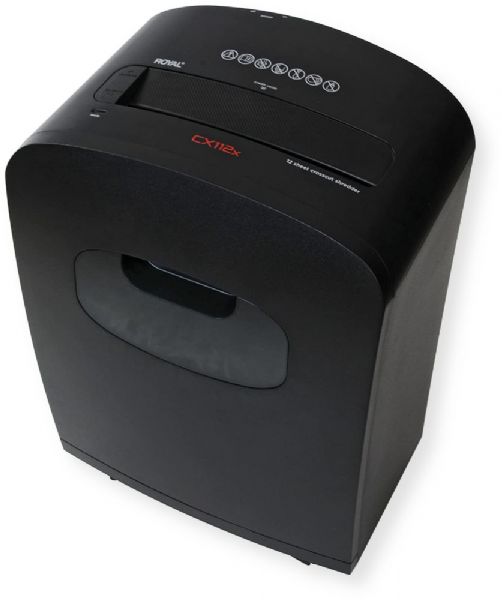 Royal CX112X Cross-Cut Paper Shredder, Black; Built-in Power Cord; 3.25 Gallon Clear Window Pull-Out Wastebasket; 12-sheet Capacity; Auto Start/Stop; Powerful 0.5 hp Motor; Can Also Shred CDs, DVDs, and Credit Cards; Large 8.75